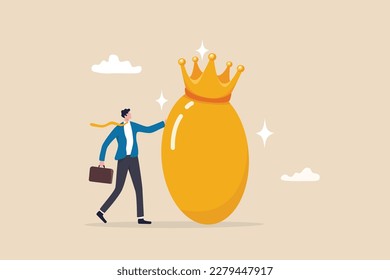 Golden egg investment, precious retirement pension fund, wealth or saving, 401k or IRA, prosperity or valuable asset concept, wealthy businessman with precious golden egg wearing crown.