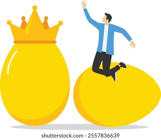 Golden egg investment, precious retirement pension fund, wealth or saving, 401k or IRA, prosperity or valuable asset concept, wealthy businessman with precious golden egg wearing crown.

