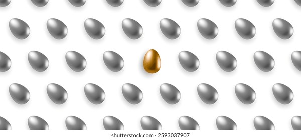 Golden egg isolated among multiple silver eggs on white background. Realistic shiny 3d vector seamless pattern isolated on white background for packaging, web banner, greeting card, flyer or poster.