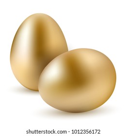 Golden egg isolated on white background for Easter day greeting card. 3d realistic eggs on a white background with shadows and light flares.
