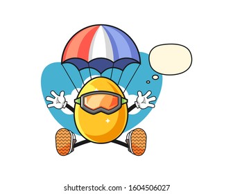 Golden egg jumping parachute with thought bubble cartoon. Mascot Character vector.