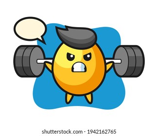 Golden egg mascot cartoon with a barbell