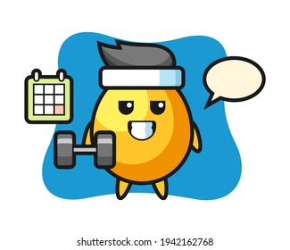 Golden egg mascot cartoon doing fitness with dumbbell