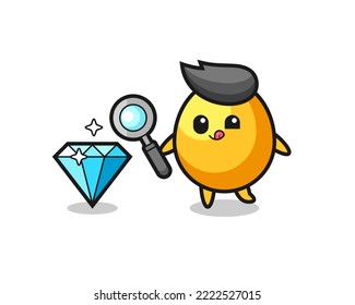 goldenes Ei-Maskottchen prüft die Echtheit eines Diamanten , süßes Design für T-Shirt, Aufkleber, Logo-Element