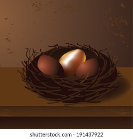 Golden egg in a nest. EPS 10 vector, grouped for easy editing. No open shapes or paths.