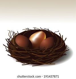 Golden egg in nest isolated. EPS 10 vector, grouped for easy editing. No open shapes or paths.