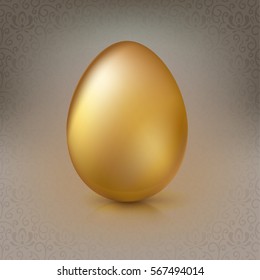 Golden egg on the background with floral pattern. Happy Easter greeting card decorated floral elements on bright background. Template for vip banners or card, exclusive certificate, luxury voucher
