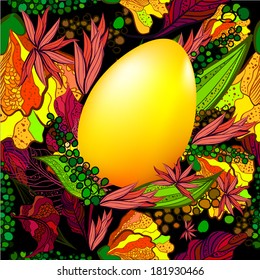 golden egg on seamless floral background. Happy Easter. Vector