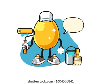 Golden egg painter with speech bubble cartoon. Mascot Character vector.