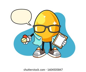 Golden egg pharmacist with speech bubble cartoon. Mascot Character vector.