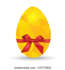 Golden egg with polygonal ,low poly effect  and red bow 