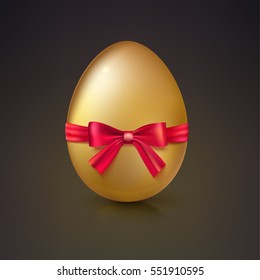 Golden egg, Realistic Ester egg with red ribbon and bow vector illustration. Party invitation template on dark background.