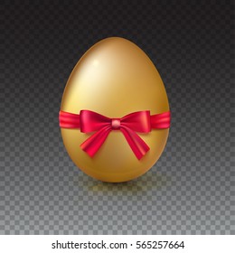 Golden egg, Realistic Ester egg with red ribbon and bow vector illustration. Party invitation template on transparent background.