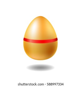 Golden egg with red ribbon and shadow. Chicken egg vector illustration on white background. Happy Easter present. Easter egg with precious metallic surface. Spring holiday banner design element