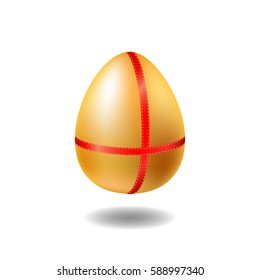 Golden egg with red ribbon and shadow. Chicken egg vector illustration on white background. Happy Easter present pack. Easter egg with precious metallic surface. Spring holiday banner design element