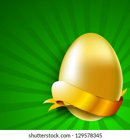 Golden egg with ribbon on green rays background.