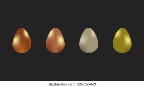 Golden egg in row isolated on black. 3d bubble rendering