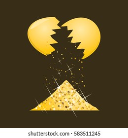 Golden egg shell with handful of gold isolated on dark background. Vector illustration