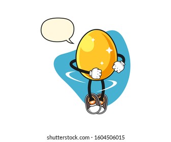 Golden egg spinning with speech bubble cartoon. Mascot Character vector.