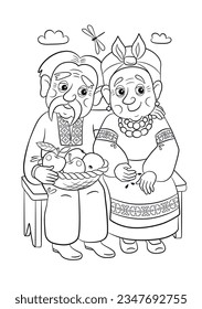 Golden egg tale. Grandma and Grandpa contour. Family coloring page. Ukrainian ethnic illustration. Ukrainian village outline. Ukrainian ethnic fairy tale folklore about hen and gold egg