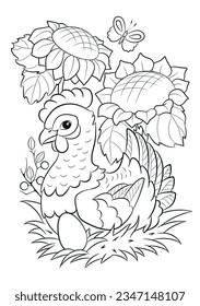 Golden egg tale. Hen coloring page. Ukrainian village outline. Ukrainian ethnic fairy tale folklore about hen and gold egg