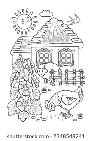 Golden egg tale. Village illustration. Farm coloring page. Ukrainian village outline. Ukrainian ethnic fairy tale folklore about hen and gold egg.