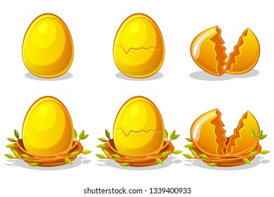 Golden Eggs in birds nest of twigs. Vector Easter symbol. Normal, damaged and broken. Objects on a separate layer.