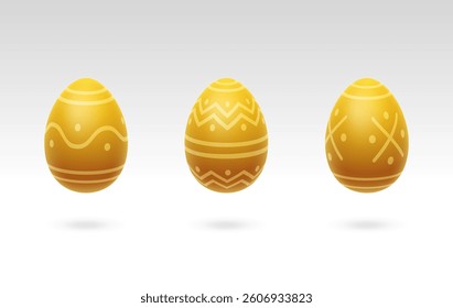 Golden eggs. Easter egg. Symbol of the Easter holiday. Egg icon. Holiday sign. Food. Realistic chicken egg. Eggs with patterns. Breakfast. Protein. Chicken farm. Healthy food. 3D art. Silhouette. 