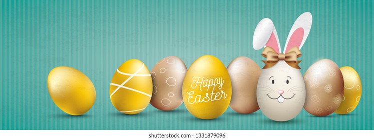 golden eggs with hare ears and the text Happy Easter. Eps 10 vector file. 