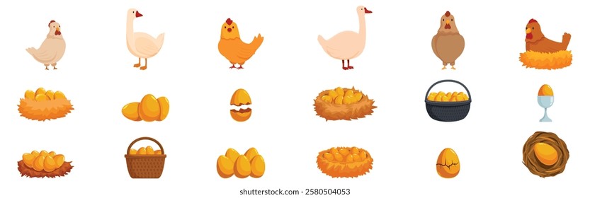  Golden eggs icons set. Golden eggs in wicker baskets and nests, hens and geese laying golden eggs, broken golden eggs, breeding poultry concept