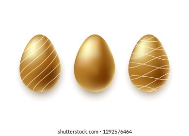 Golden eggs with light shadow for Easter day greeting card. 3 different realistic golden shine decorated eggs. Invitation template, promotion, poster, flyer, web. Vector isolated on white background. 