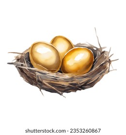 Golden Eggs in The Nest Isolated Hand Drawn Watercolor Painting Illustration