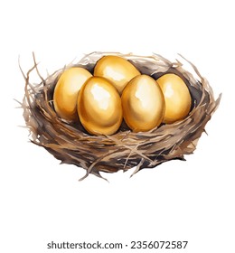 Golden Eggs in The Nest Isolated Hand Drawn Watercolor Painting Illustration