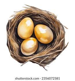 Golden Eggs in The Nest Top View Isolated Hand Drawn Watercolor Painting Illustration