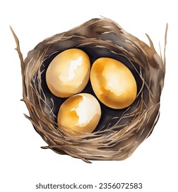 Golden Eggs in The Nest Top View Isolated Hand Drawn Watercolor Painting Illustration