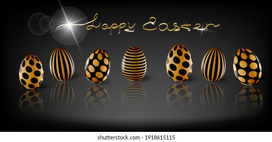 Golden eggs on black. Easter poster and banner template. Realistic
 3d Vector illustration. Trendy design for greeting card or invitation