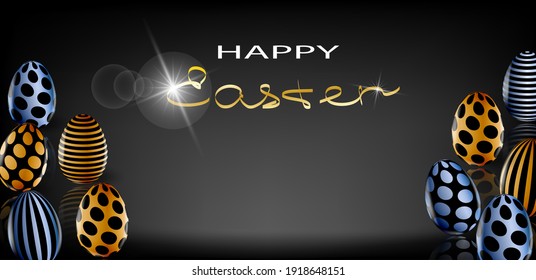 Golden eggs on black. Easter poster and banner template. Realistic
 3d Vector illustration. Trendy design for greeting card or invitation