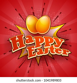 Golden eggs on pop-art background, Happy Easter Concept.