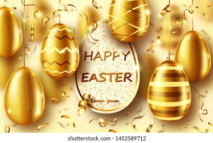 Golden eggs realistic vector illustration. Shining Easter eggs from gold metal and sparkling tinsel or confetti with inscription frame. Easter greeting card, party invitation or sale banner