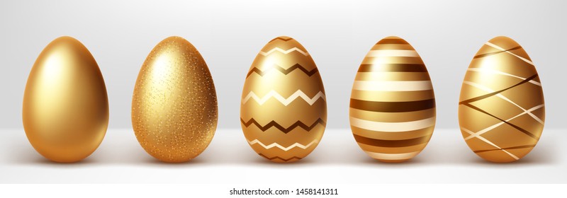 Golden eggs realistic vector set illustration. Shining Easter eggs from gold metal decorated with elegant pattern, festive gift with shadow isolated on white background