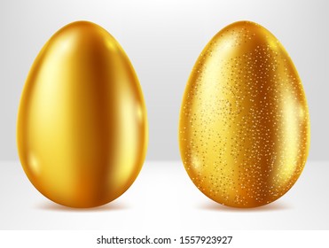 Golden eggs realistic vector set illustration. Shining Easter eggs from gold metal decorated with elegant pattern, festive gift with shadow and reflection isolated on white background