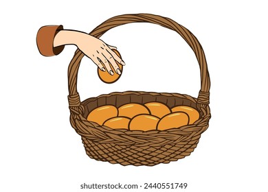 Golden eggs in a wicker basket  isolated on white background. put all your eggs in one basket illustration. financial success, investment wealth concept. hand laying an egg. Hand drawn illustration