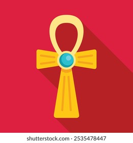 Golden egyptian ankh cross with blue gem representing eternal life, with long shadow on red background