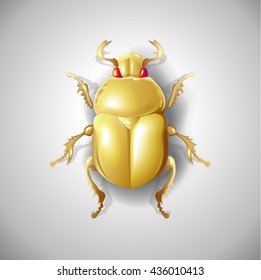 Golden Egyptian beetle insect jewel jewelry product in the form of a golden beetle. Vector photorealistic illustration of isolated on white background.