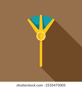 Golden egyptian fan with feathers is standing on a long shadow background