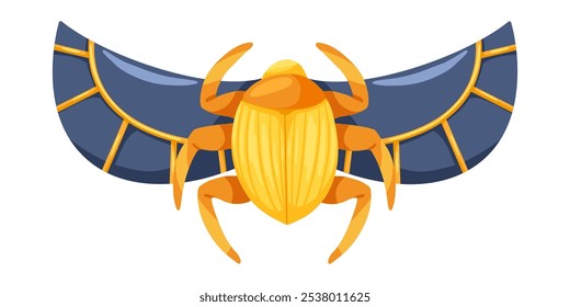 Escarabajo egipcio dorado con alas. Ilustración vectorial dibujada a mano de dibujos animados. Símbolo del antiguo Egipto aislado sobre fondo blanco. Impresión para la etiqueta engomada, logotipo, Web