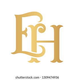 Golden EH monogram isolated in white.