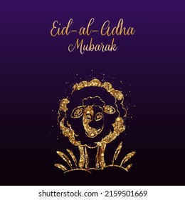 Golden Eid Al Adha Mubarak Font With Glittering Effect Sheep Against Purple Background.