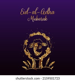 Golden Eid Al Adha Mubarak Font With Glittering Effect Sheep Against Purple Background.
