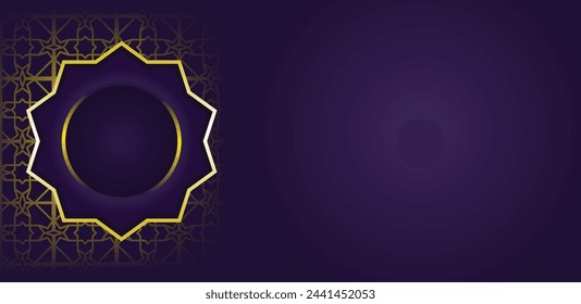 Fondo de oro de eid mubarak y banner para ramadán y eid con color de uva oscura y dorado con arco y marco
